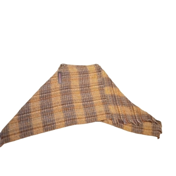 Pinkilicous Plaid Tan, Gold, Brown...Poncho Scarf with Fringe Neckline BoHo O/S - Picture 2 of 7